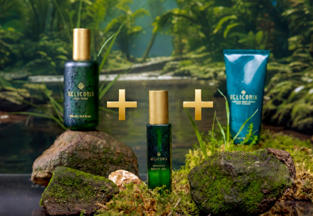 Face Toner, Sensuous Body Oil y scrub de café y menta de Heliconia.